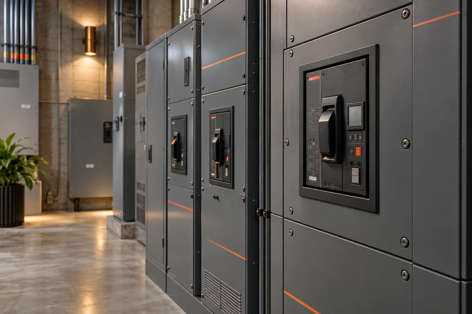Illustrative close-up of enclosed switchgear and circuit-breaker controls.